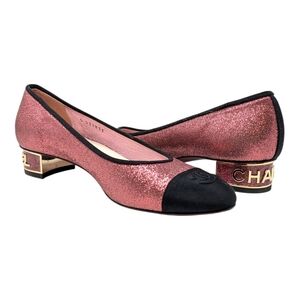 Chanel Ballet Block Heel Pumps Pink Glitter Grosgrain Cap Toe CC Logo 37.5 | 7